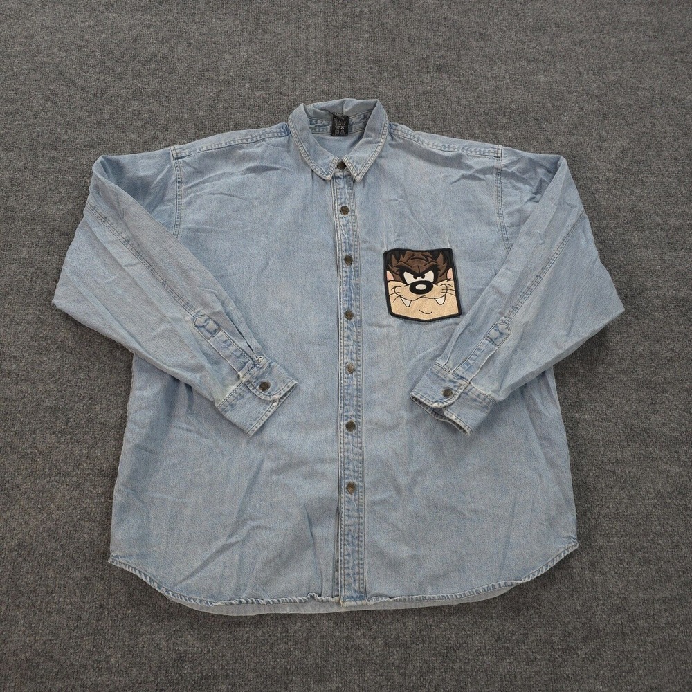 VINTAGE Warner Bros Shirt Mens Extra Large Blue denim Tasmanian Devil‎ Taz 90s
